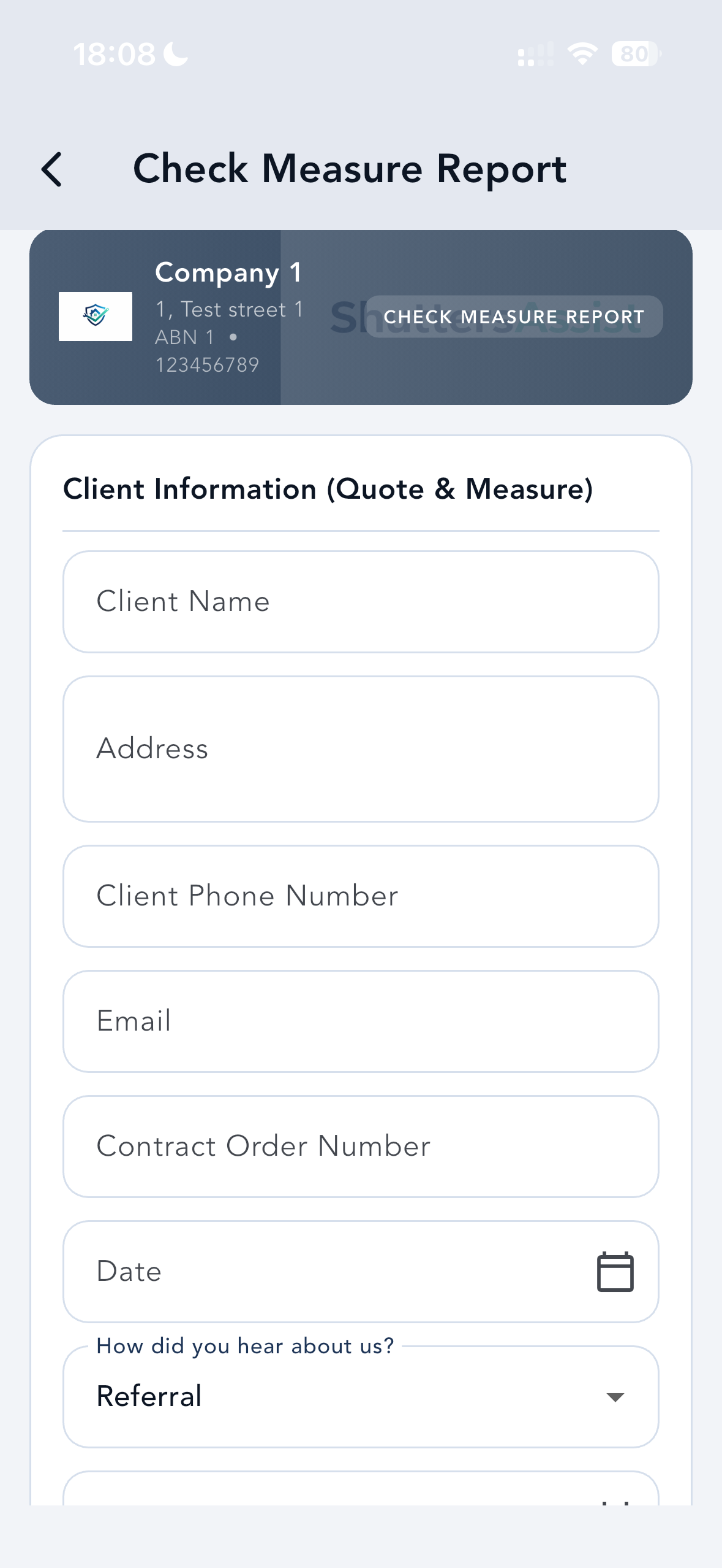 ShuttersAssist Check Measure Report — structured client and job information