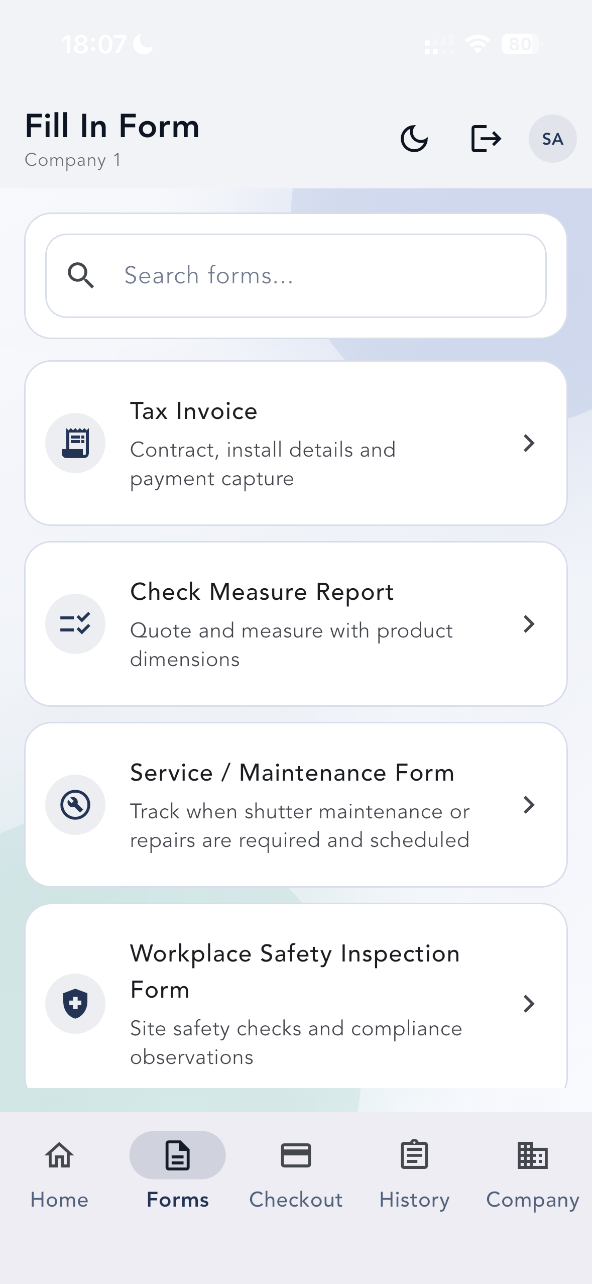 ShuttersAssist form selection — Tax Invoice, Check Measure, Service and Safety forms