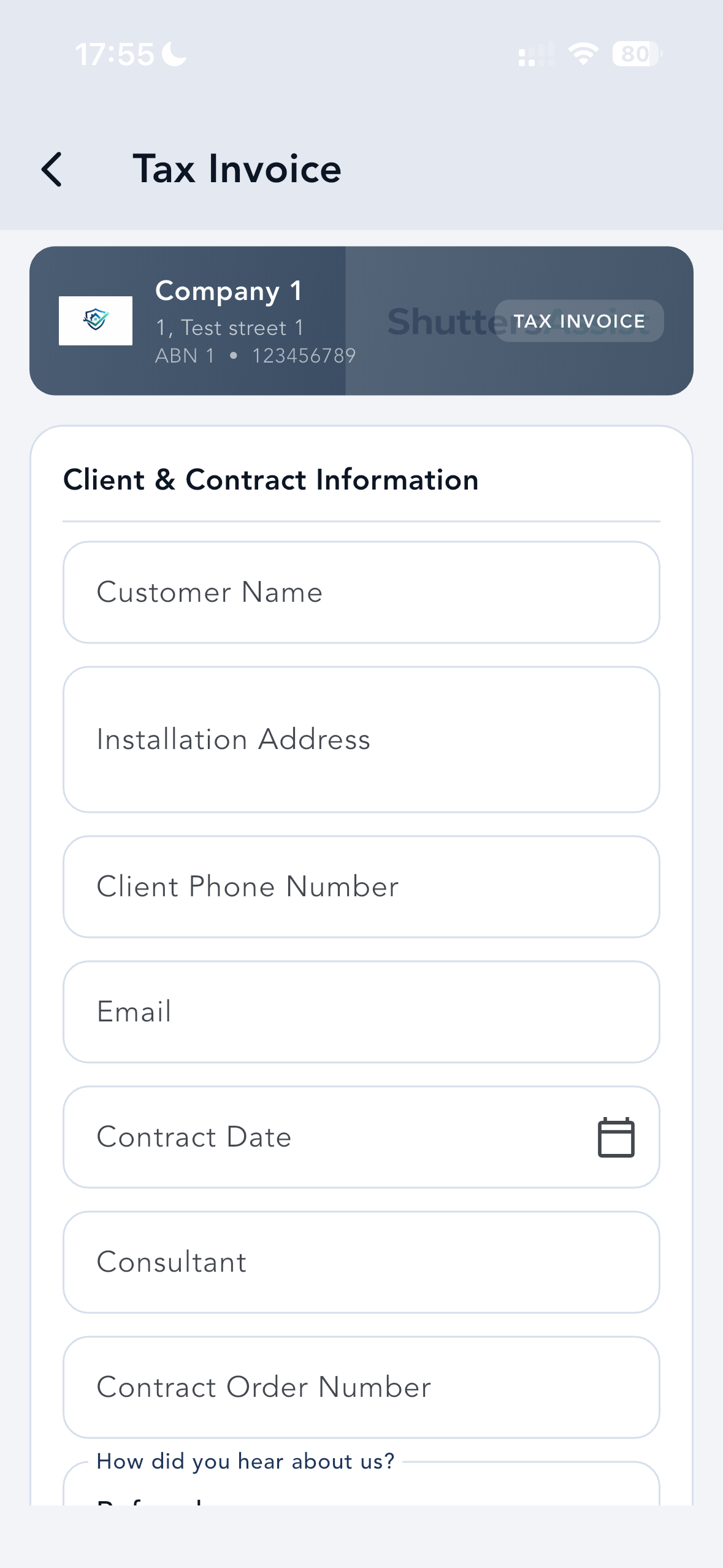 ShuttersAssist Tax Invoice — client and contract information entry
